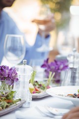 Close-up of meal, salt and pepper shaker on table