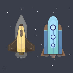 Fototapeta premium Rocket ship in cartoon style. New Businesses Innovation Development Flat Design Icons Template. Space ships illustrations set.