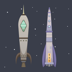 Rocket ship in cartoon style. New Businesses Innovation Development Flat Design Icons Template. Space ships illustrations set.