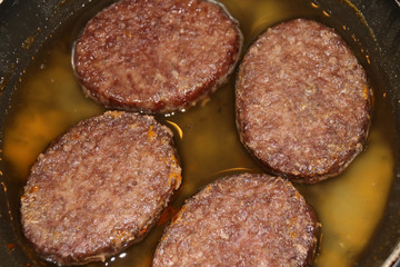 Fried beef cutlets in a frying pan