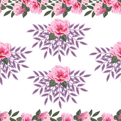 Fototapeta na wymiar Vintage seamless pattern with cute delicate flowers and fresh sprigs. Handdrawn floral background for textile, cover, wallpaper, gift packaging, printing.Romantic design for calico, silk.