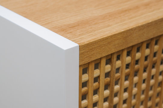 Furniture Close Up: Corner Of Modern Cabinet Unit With Wooden Latticed Facade