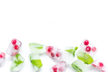 fresh cranberry in ice cubes on white background top view mock-up