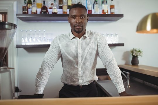 Portrait of bar tender standing at bar counter
