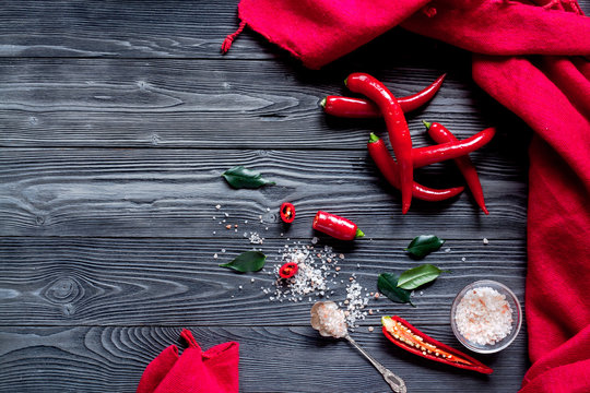 Red Food With Chili Pepper On Dark Background Top View Space For Text