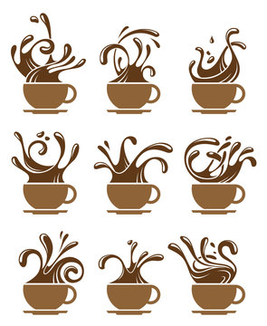collection of cup with splashing coffee 