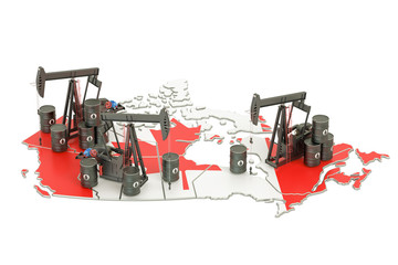 Canadian map with oil barrels and pumpjacks. Oil production concept. 3D rendering