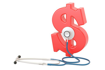 Dollar symbol and stethoscope, financial aid concept. 3D rendering