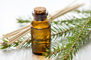 cosmetic spruce oil in bottles with fur branches on white table background