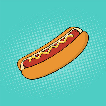 Hot Dog Fast Food Pop Art Style. Comic Book Style. Vector Illust