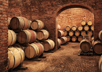 Fototapeta Wine barrels in wine-vaults in order obraz