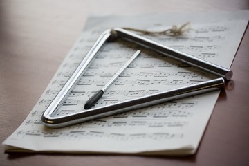 Close up of musical instrument with sheet music on table