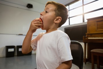 Close up of boy eating apple while standing against piano