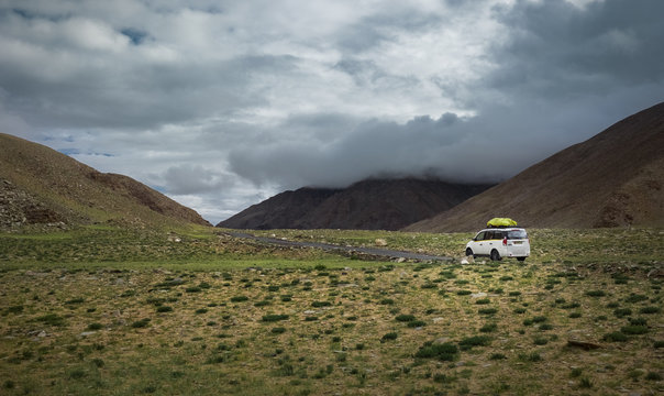 Expedition vehicle on mountain road, Indian Himalaya