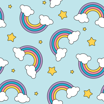 Pastel rainbow and stars seamless pattern on blue background with black outline