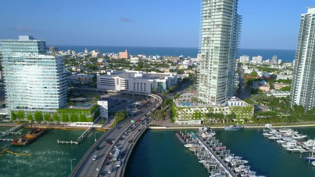 Aerial flyover Miami Beach Macarthur Causeway to 5th Street