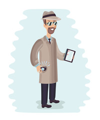 Young male spy agent wearing a hat, coat and a tie, holding camera. 