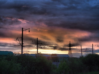Railroad freight cars. Beautiful sunrise.