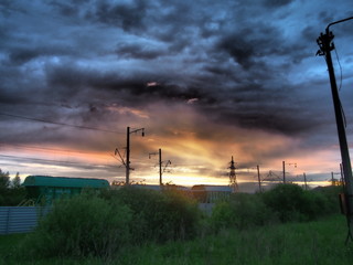 Railroad freight cars. Beautiful sunrise.