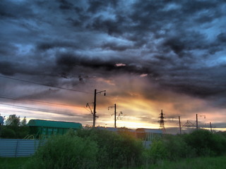 Railroad freight cars. Beautiful sunrise.
