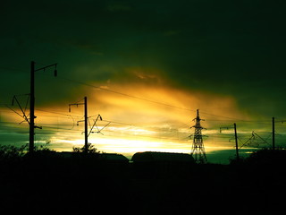 Railroad freight cars. Beautiful sunrise.