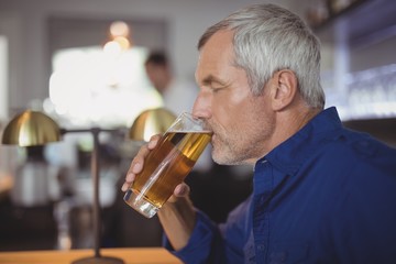 Mature man drinking a glass of beer at counter