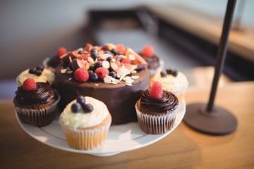 Close-up of desserts on cake stand