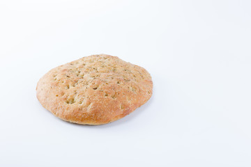 Focaccia italian flat bread with rosemary on the top isolated in white background