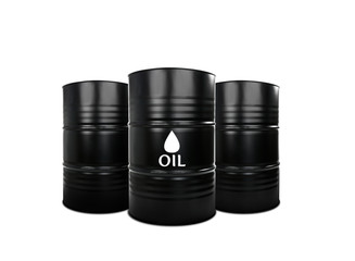 Oil prices concept. Barrels of black gold on white background