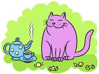 tea with the pink cat. vector illustration