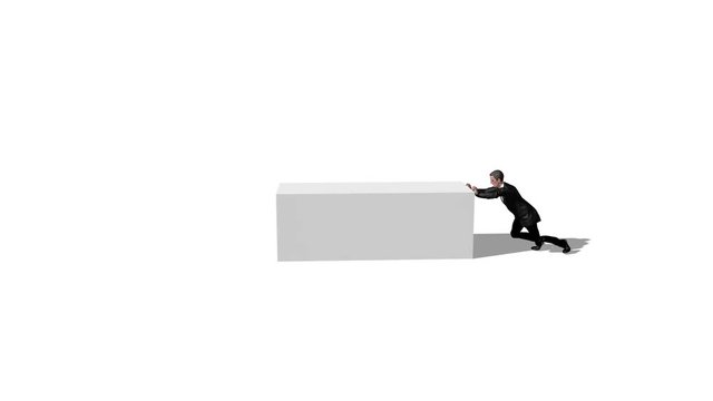 Businessman pushing a heavy box
