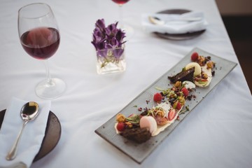 Close-up of dessert served on tray