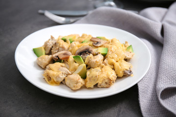 Delicious chicken casserole meal on table