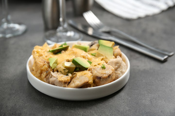 Delicious chicken casserole meal on table