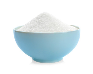 Sugar in bowl on white background