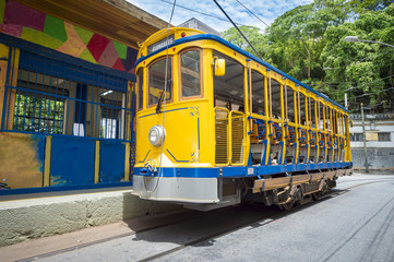 Iconic bonde tram waiting at a station in the tourist nieghborhood of Santa Teresa in Rio de Janeiro, Brazil 