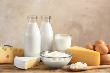 Set of different dairy products on table