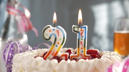 Birthday cake with birthday candles, 21, TWENTY ONE