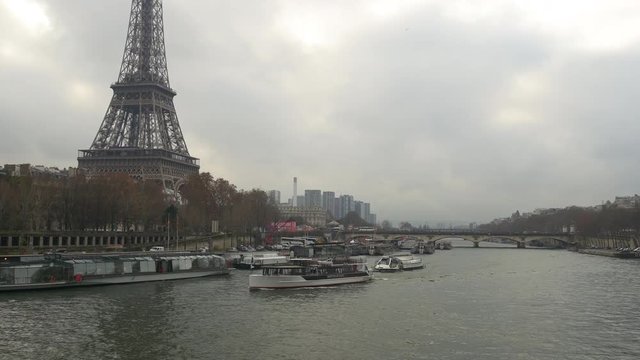 cloudy day paris city eiffel tower seine river traffic panorama 4k france
