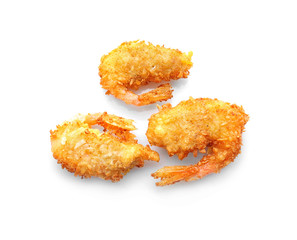 Delicious coconut shrimps on white background