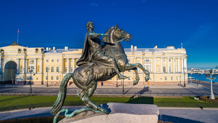 The monument to Peter the first. Bronze Horseman. St. Petersburg. View from the Neva River. Morning in the city. Dawn in St. Petersburg. Monuments of SPb.