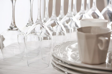 Set of dishware on table, closeup