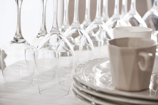 Set of dishware on table, closeup