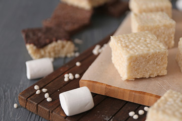 White crispy dessert on wooden background
