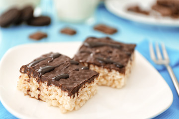 Delicious crispy dessert with chocolate on plate