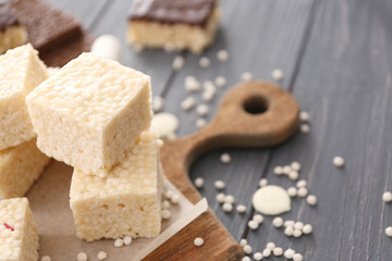 White crispy dessert on wooden background