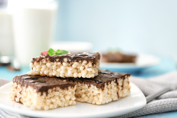 Delicious crispy dessert with chocolate on plate