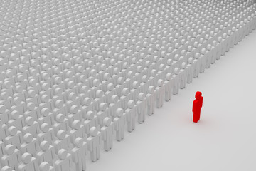 one red man in front of a crowd of plain people, 3d rendering