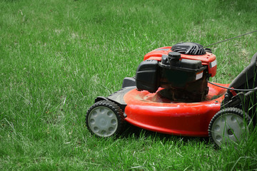 Obraz premium close up on lawn mower on green lawn