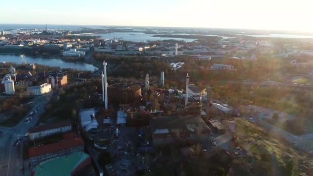 Linnanmaki, Aerial view of a flight towards linnamäki amusement park, at a spring evening, in Helsingfors, Finland